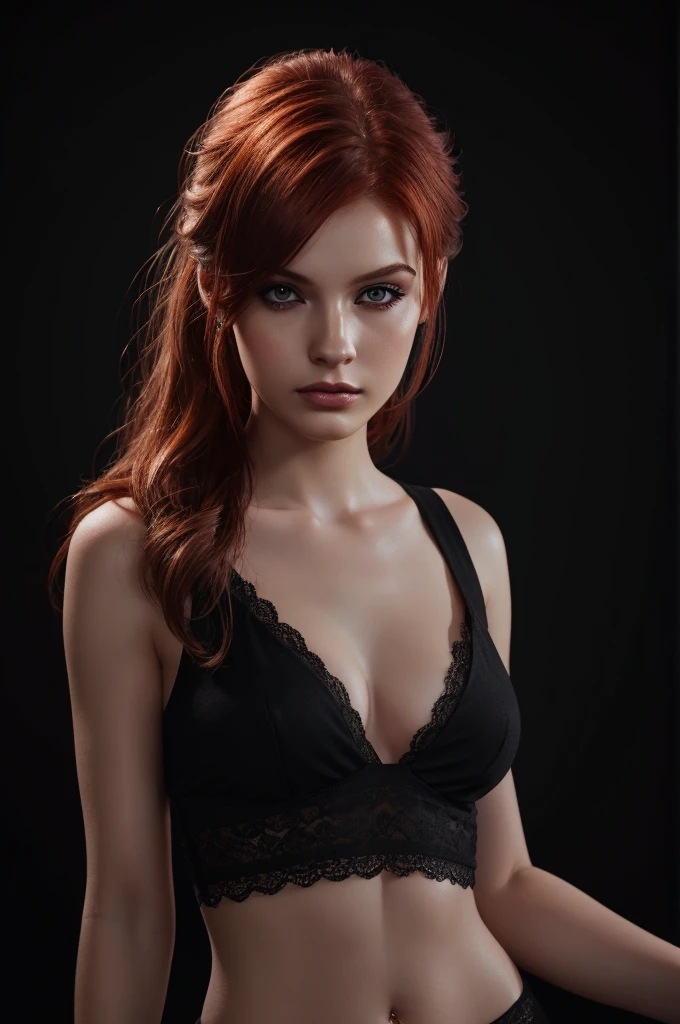 woman with medium-hair ,Auburn-red-hair, pale,soft body,eyeliner,portrait, beautiful woman, beautiful female ,beautiful ,eyeliner , elegant, digital painting, smooth, dramatic lighting, ultra realistic, 8k, art , blur backgrond, black background ,black background,black wallpaper