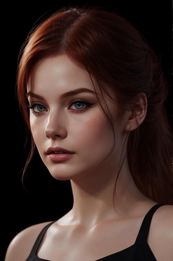 woman with medium-hair ,Auburn-red-hair, pale,soft body,eyeliner,portrait, beautiful woman, beautiful female ,beautiful ,eyeliner , elegant, digital painting, smooth, dramatic lighting, ultra realistic, 8k, art , blur backgrond, black background ,black background,black wallpaper