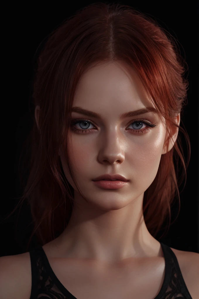 woman with medium-hair ,Auburn-red-hair, pale,soft body,eyeliner,portrait, beautiful woman, beautiful female ,beautiful ,eyeliner , elegant, digital painting, smooth, dramatic lighting, ultra realistic, 8k, art , blur backgrond, black background ,black background,black wallpaper