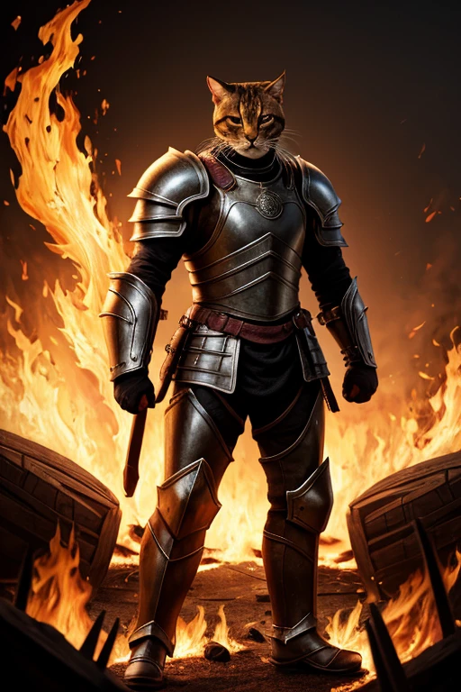 Illustration of a strong-looking cat wearing armor standing in front of a burning flame