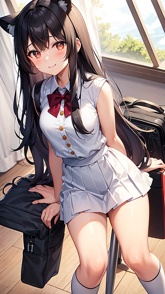 Young and beautiful woman. Long black hair in delicate waves, Koala ears on the head, big, caramel brown eyes, blushing cheeks, white and beautiful smile, well proportioned body, wears cooking , short, pleated white skirt above the knees, white high socks, black school shoes, white chef philippine with black buttons, red bow as a tie, a large wooden rolling pin hanging on the back and a school backpack, in the background a gray school with large windows, clear blue sky, some clouds and a huge cherry tree on the left side 