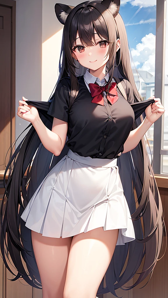 Young and beautiful woman. Long black hair in delicate waves, Koala ears on the head, big, caramel brown eyes, blushing cheeks, white and beautiful smile, well proportioned body, wears cooking , short, pleated white skirt above the knees, white high socks, black school shoes, white chef philippine with black buttons, red bow as a tie, a large wooden rolling pin hanging on the back and a school backpack, in the background a gray school with large windows, clear blue sky, some clouds and a huge cherry tree on the left side