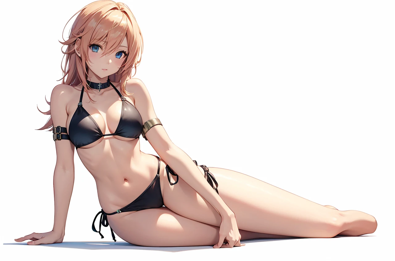 Final Fantasy Lightning
in a bikini laying down on her side with her arm for support poseing