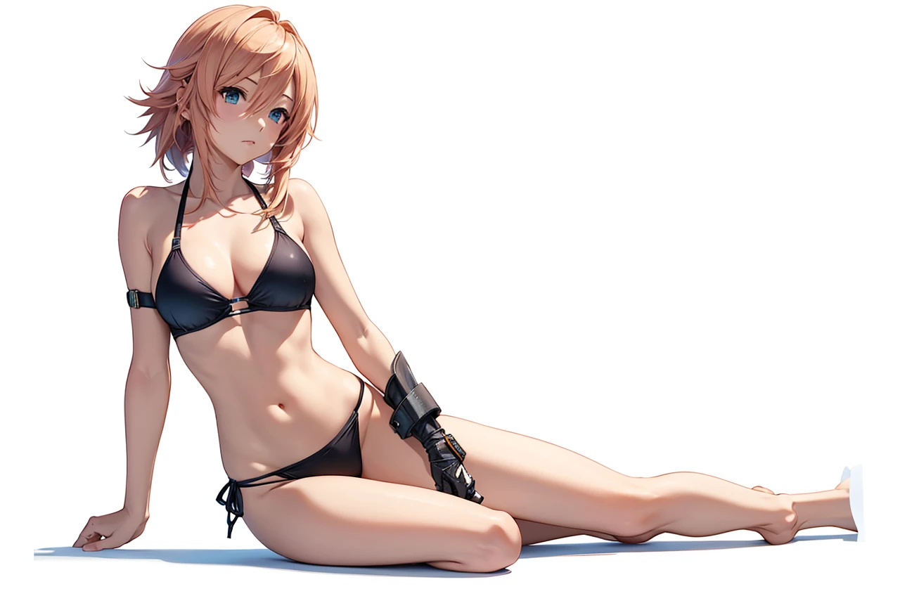 Final Fantasy Lightning
in a bikini laying down on her side with her arm for support poseing