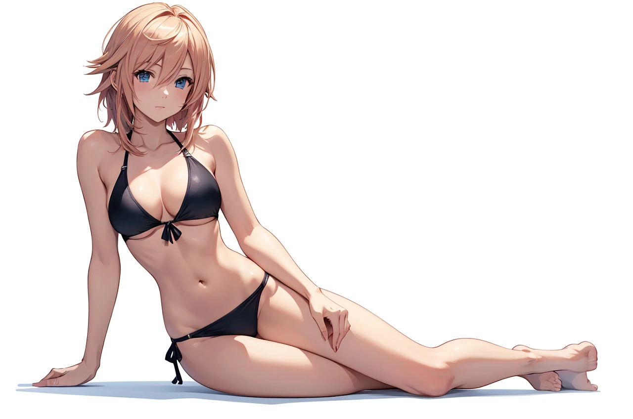 Final Fantasy Lightning
in a bikini laying down on her side with her arm for support poseing