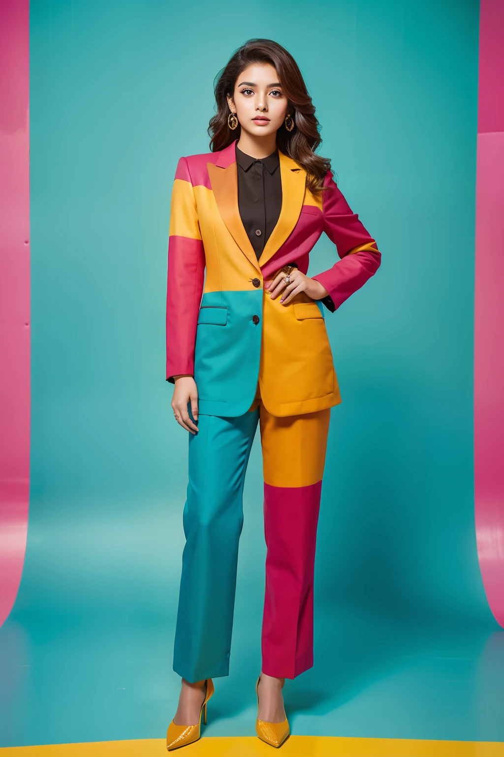 A beautiful 20-year-old indian woman with wavy brown hair, wearing a bold and colorful geometric suit. Colorful atmosphere, photo studio, artistic.