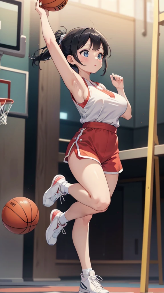 Highest quality、High resolution、Detailed Background、Beautiful Face、High detail、(Perfect Anatomy, Perfect Style)、(Detailed facial expressions)、(fine grain:1.2)、age Beauty、(very wide shot:1.5, full body:1.4), One Girl、, Cute black hair、Braided Bob, Braided, clear, deep blue eyes、Braided Ponytail, Braided bob cut, Basketball game in the gym, jumping:1.5, dunking:1.5, brake, Incredible jumping ability:1.5, Suspended in the air in a shooting position:1.5, Incredible jumping power and long flight times, ((aerial view:1.5, shoot from behind:1.5, looking away)), (Bright red basketball uniform:1.5, White Line、Same color above and below, No sleeve:1.5, Shorts, High-cut basketball shoes)、(armpit:1.2), ((large breasts:1.2, pointy breasts:1.2, high breasts:1.2)), Dunk a basketball held above your head from the top of the basket:1.5、The goal ring is 3m above the ground., Close up on the goal:1.5