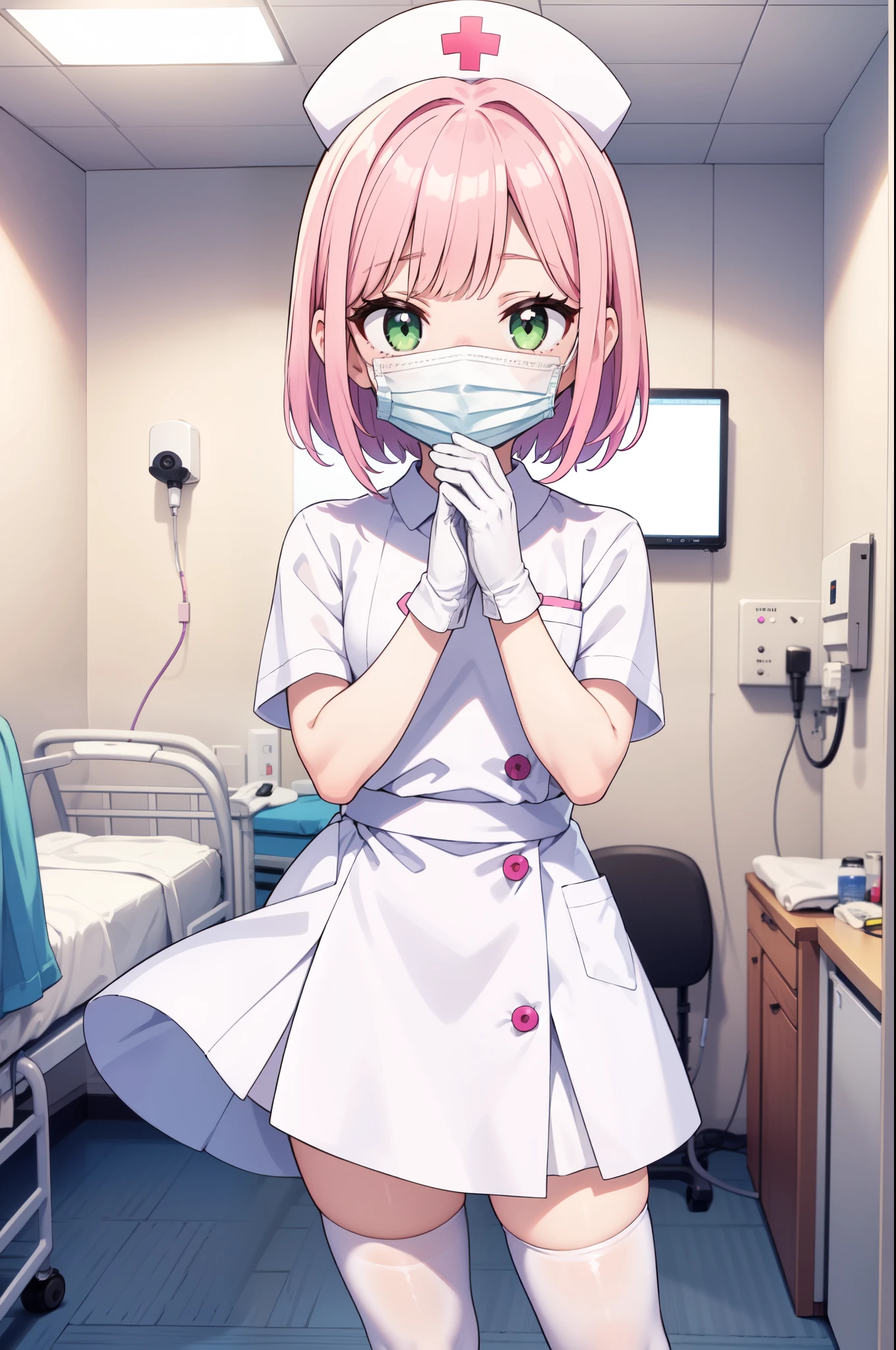 1boy, solo, male focus, nurse, white nurse cap, white nurse uniform, ((white legwear, zettai ryouiki)), white gloves, blunt bangs, pink hair, green eyes, drooping eyes, ((white surgical mask, covered nose)), standing, ((hospital room)), sharp outline, short sleeves, shota, 12 years old, best quality, masterpiece