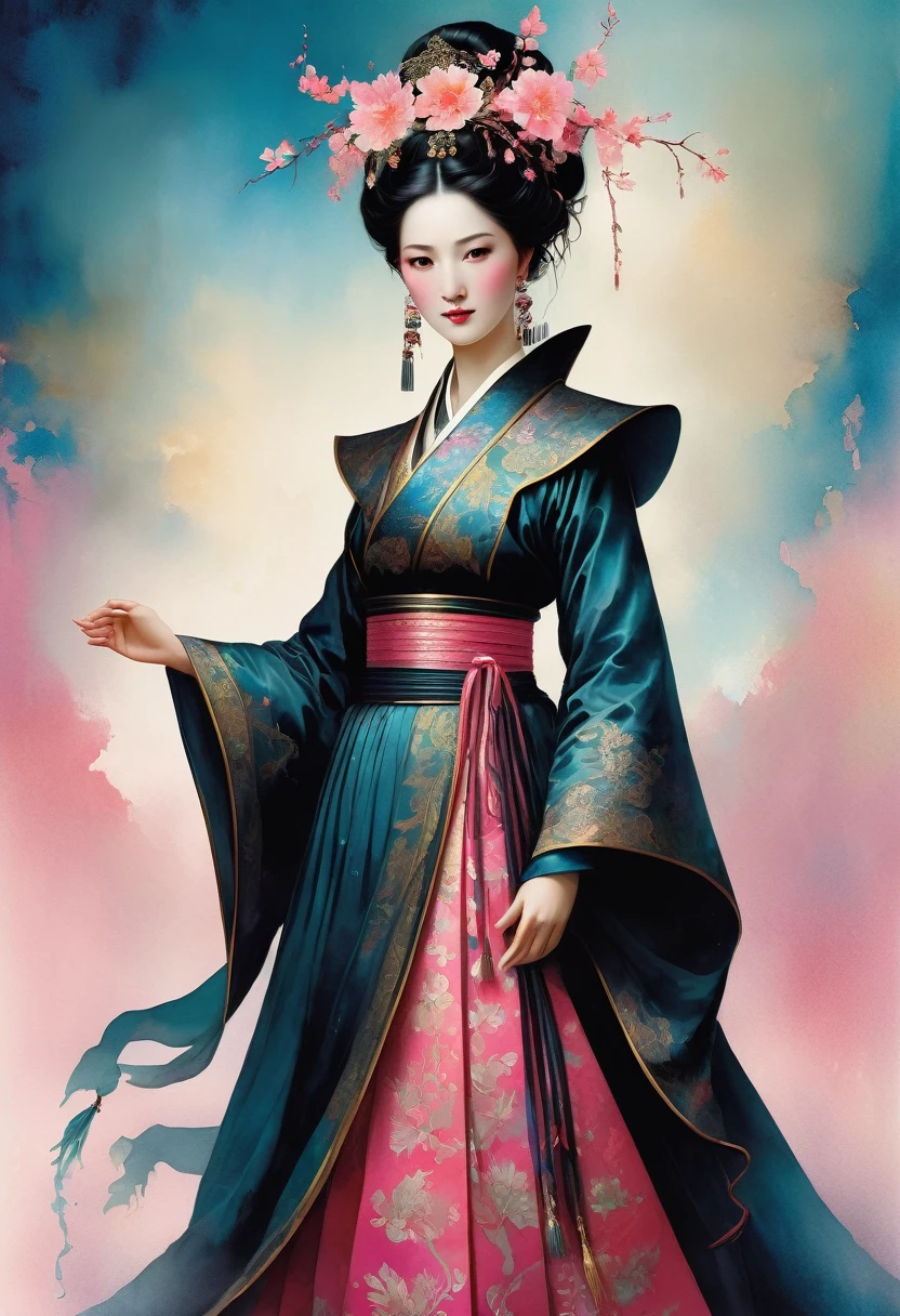 (full body:1.8), portrait of a beautiful empress, blue glowing eyes, imposing look, strong pose, porcelain skin, long black hair, ornate traditional robe, Harrison Fisher and Catrin Welz-Stein art style, vivid colors, pink color palette, highly detailed, cinematic lighting, dramatic pose, elegant, graceful, regal, intricate details, masterpiece, photorealistic, 8k, best quality