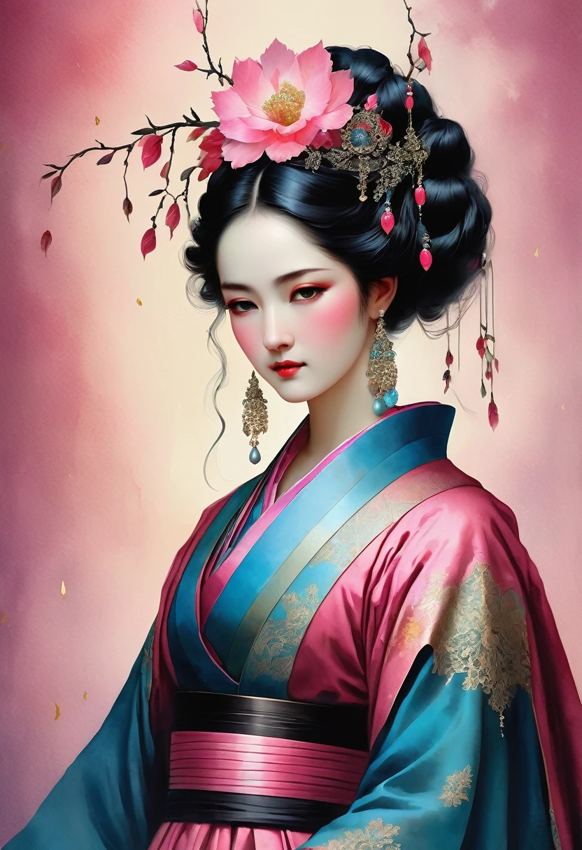 (full body:1.8), portrait of a beautiful empress, blue glowing eyes, imposing look, strong pose, porcelain skin, long black hair, ornate traditional robe, Harrison Fisher and Catrin Welz-Stein art style, vivid colors, pink color palette, highly detailed, cinematic lighting, dramatic pose, elegant, graceful, regal, intricate details, masterpiece, photorealistic, 8k, best quality