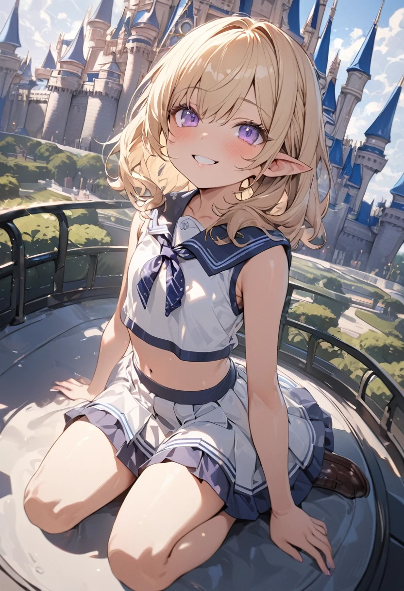 ((Masterpiece)), ((best quality)), (ultra-detailed), ((kawaii)), ((extremely detailed)), 4K, (8K), (super detail:1.2),(High Definition:1.3), (Professional Photography:1.2), (wide shot), cinematic lighting, (sharp focus), (perfect light), ((1girl)), ((12 years old)), cute young girl, (very grin), (Beautiful purple eyes:1.2), (dark skin), elf girl, (small chest), (Embroidered cute school uniform)), cute navel, (Healthy slim body), (long bangs), silky and straight hair, (medium hair), ((beautiful blond hair)), BREAK, ((best quality)), ((extremely detailed)), (loose kneeling on the rooftop), (the Disney Resort), Cinderella Castle spreading out below,