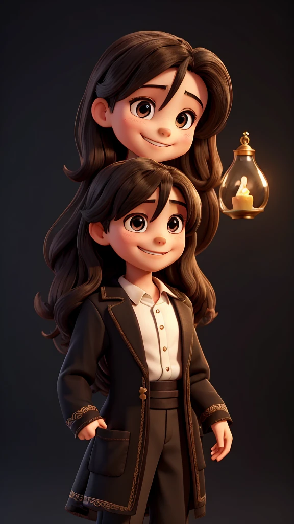 10 year old Jesus smiling with an hourglass, black background, period clothes