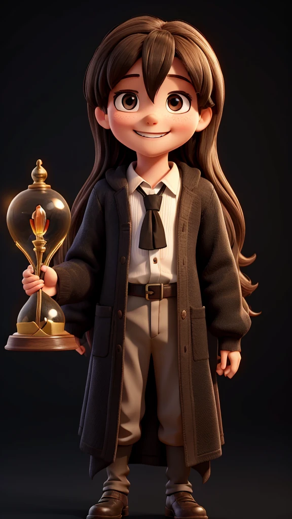 10 year old Jesus smiling with an hourglass, black background, period clothes