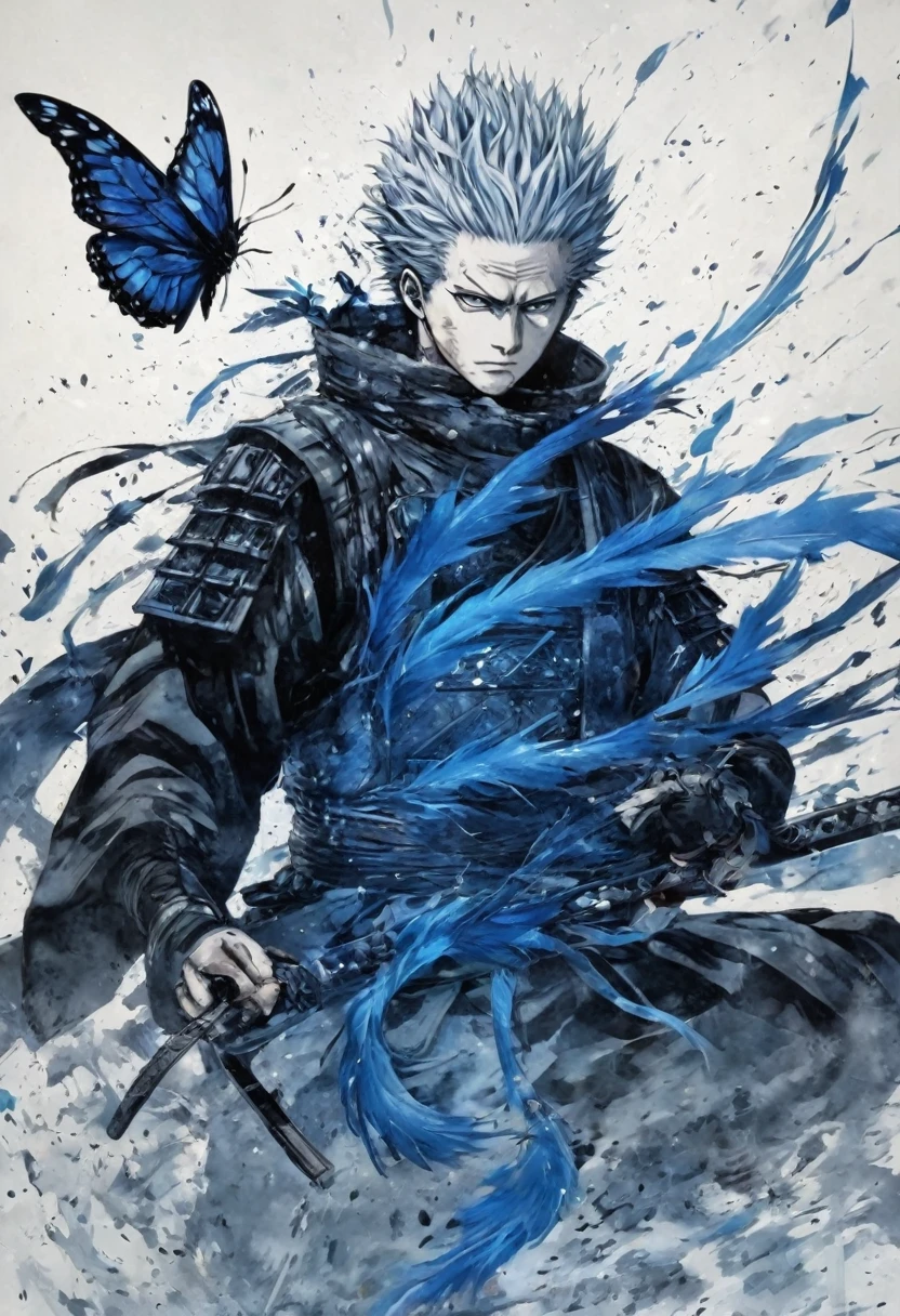 Ink and ink painting,Black and white painting,splash,Beautiful detailed glass hair,(open arms for viewer),Jujutsu Kaisen,Itadori Yuuji,samurai armor,(Blue Butterfly々,Feather powder),