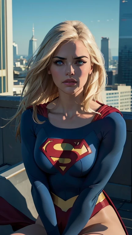 supergirl, sitting on a rooftop building, lost in deep thought, looking at the city, perfect eye, beautiful highly detailed eyes, beautiful blue eyes, both eyes are similar, beautiful detailed lips, extremely detailed face, beautiful detailed tight costume, tight figure, blonde hair, big breasts, dynamic pose, cinematic lighting, epic cityscape, moody atmosphere, dramatic shadows, vibrant colors, photorealistic, 8k, best quality, hyper detailed, masterpiece