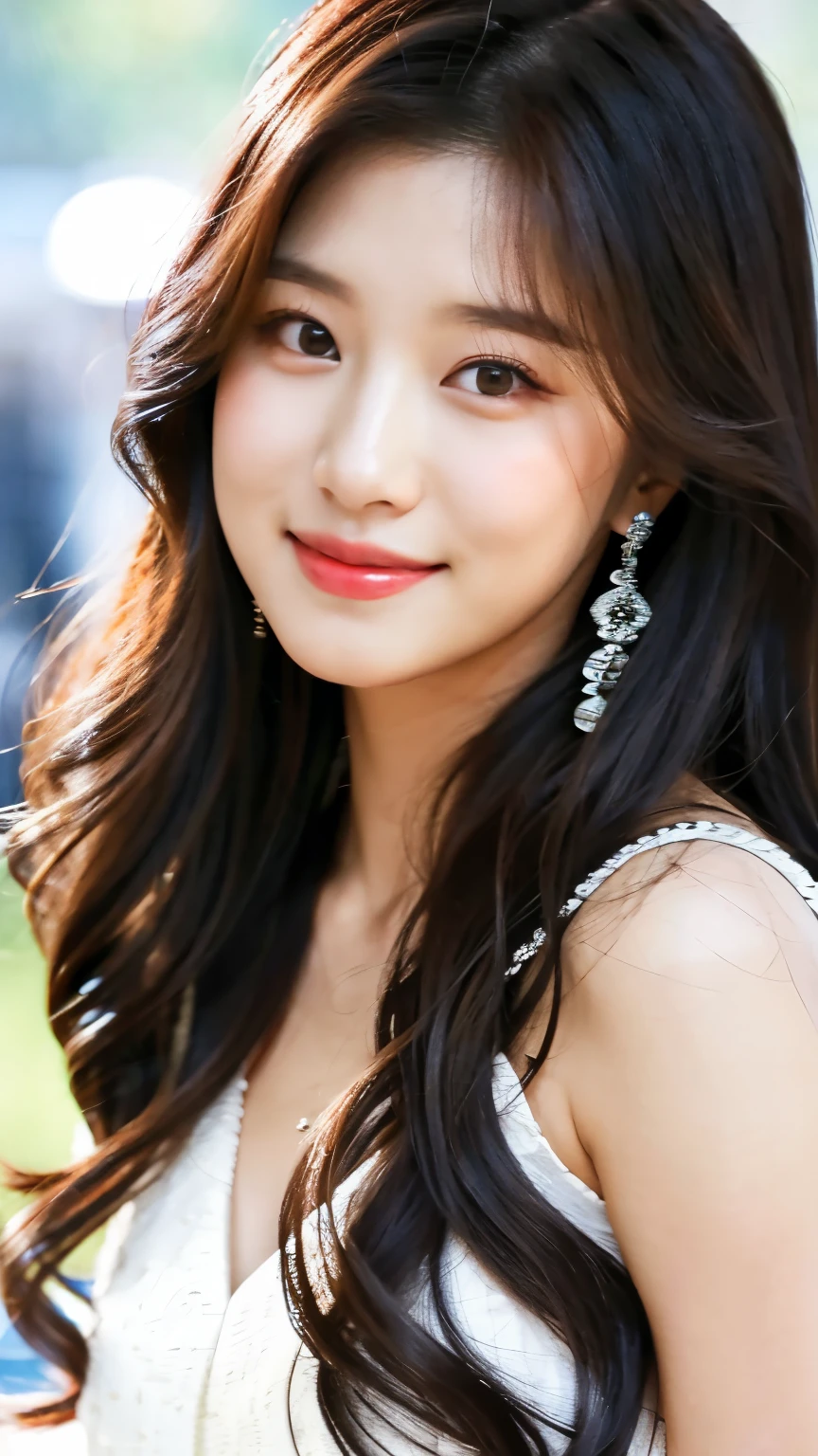 a close up of a woman with long hair wearing a white dress, popular south korean makeup, popular korean makeup, bae suzy, jaeyeon nam, lee ji-eun, lee ji - eun, park ji-min, female actress from korea, cute korean actress, portrait of female korean idol, portrait of jossi of blackpink, beautiful south korean woman