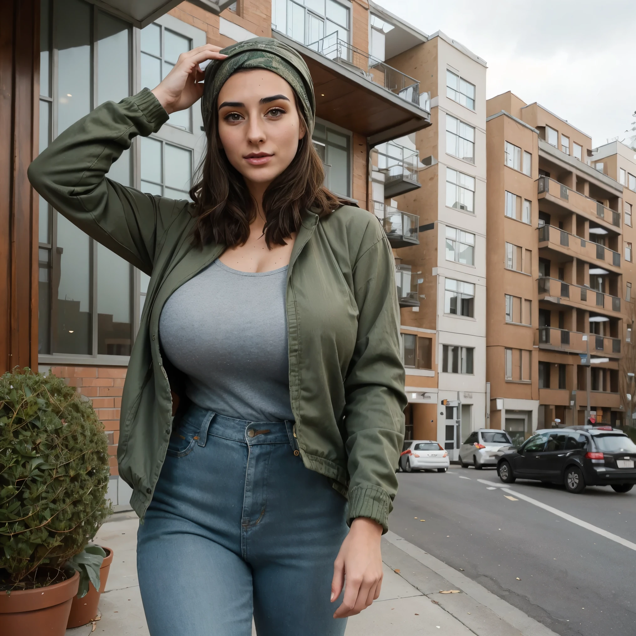 Extremely busty thin and toned brunette photographer, college girl, fair skin, loose side sweep, soft face, athletic, bandana babushka headwrap, tight olive green casual windbreaker, skinny jeans. standing in front of her apartment building, outdoors, city, camera bag, cleavage
