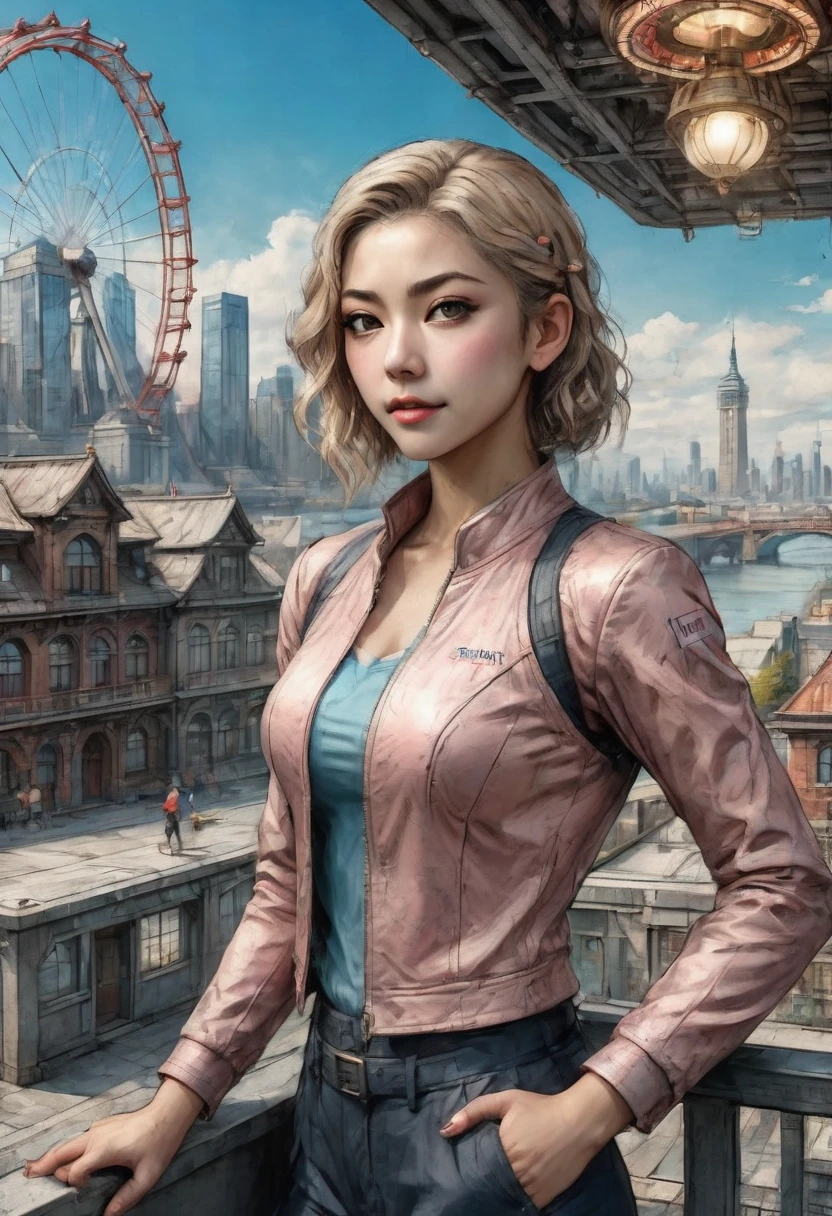 (work of art:1.2) (best qualityer) (detailded) (intricate) (8K) (hdr) (wall-paper) (cinematic lighting) (sharp focus),1 girl, building, chain-link_zaun, zaun, skyscraper, citysscape, ferris_wheel, cerulean_sky, citys, racket, sky, blush, tennis_racket, skyline, rooftop, architechture, ssmile, giorno, east_Asian_architechture, lens_sheen, tower, bridge, House, avo_gura, Real_world_location, Abigail 