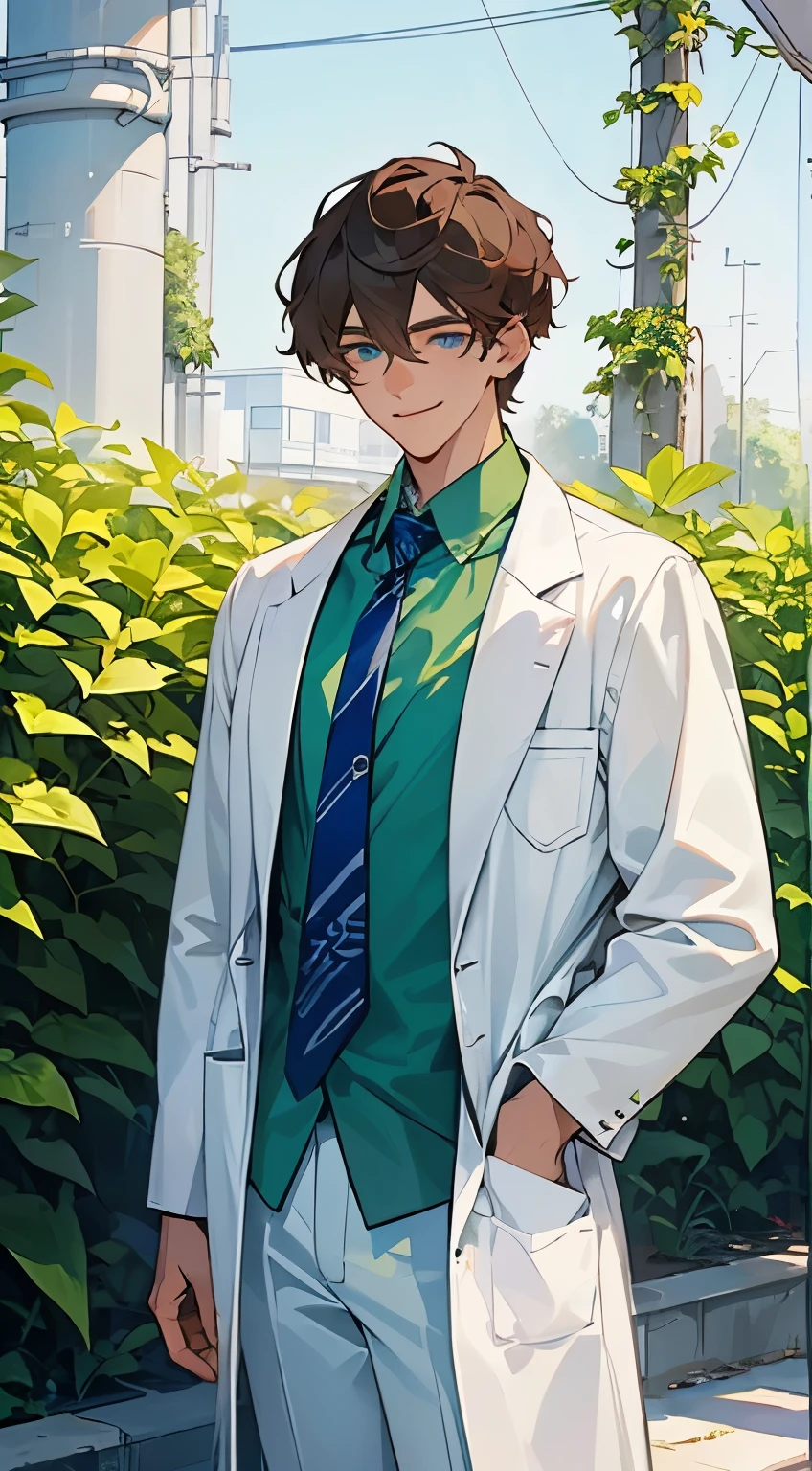 Fine, (Best Illustration), Intricate Detail, Best Quality, Ultra Detailed, Best Lighting, Best Shadow, Ultra HD, (((Handsome Young Man))), (((Handsome Young Man))), (Smile, Shut Up), (((Teenage: 1.5))), (Glow Dark Blue Eyes), ((Eyes with Light)), (Short Brown Hair: 1.1))), (Hair Between Eyes), ((White Clothes)), (Dark Blue Tie)\\, \\ ((Green Shirt))\\,\\ ((wearing a high-detail white lab coat)))\,\\dark blue trousers\\,\\ intricate details, (standing), small garden sidewalk, industrial photography