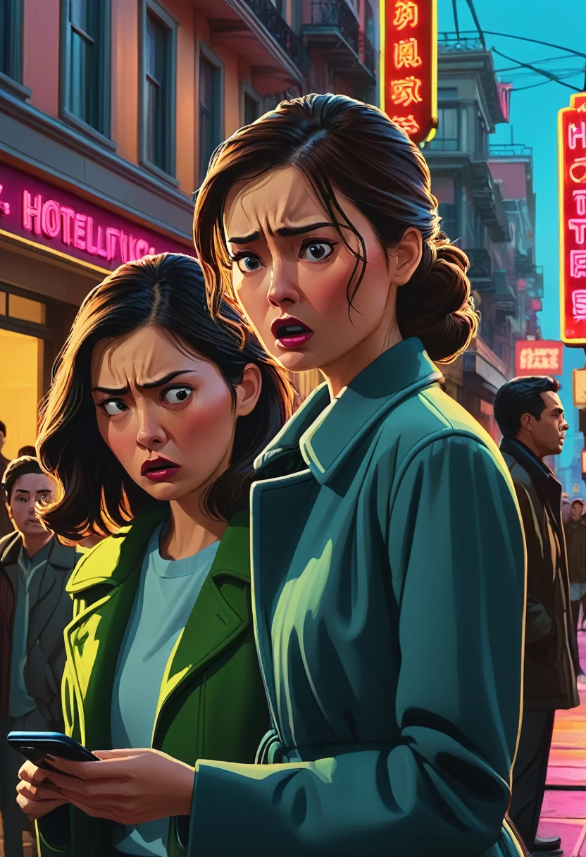 “A detailed digital illustration depicting a scene of infidelity in front of a hotel in a bustling city. The focus is close up on the characters. In the foreground, a woman stands with a shocked and angry expression, holding a smartphone displaying incriminating messages or photos. In the background, a man is seen exiting the hotel with another woman, both showing signs of guilt and unease. The hotel entrance is illuminated by neon signs, and the surrounding area is lively with people, cars, and brightly lit storefronts. The emotions of betrayal, guilt, and tension are clearly visible on the characters’ faces.”
