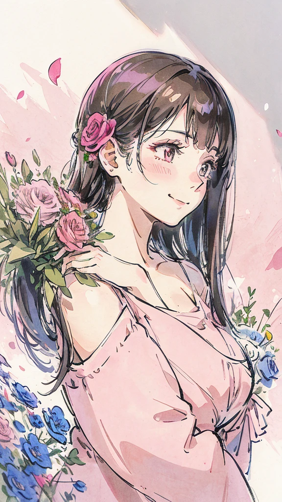 Profile of a woman trying to bury her face in a bouquet of flowers. A shy, smiling woman. Pink. Colored pencil drawing. The woman is positioned on the right side. There is some space.