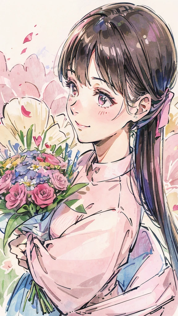 Profile of a woman trying to bury her face in a bouquet of flowers. A shy, smiling woman. Pink. Colored pencil drawing. The woman is positioned on the right side. There is some space.