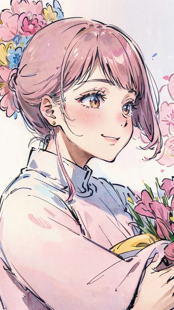 Profile of a woman trying to bury her face in a bouquet of flowers. A shy, smiling woman. Pink. Colored pencil drawing. The woman is positioned on the right side. There is some space.