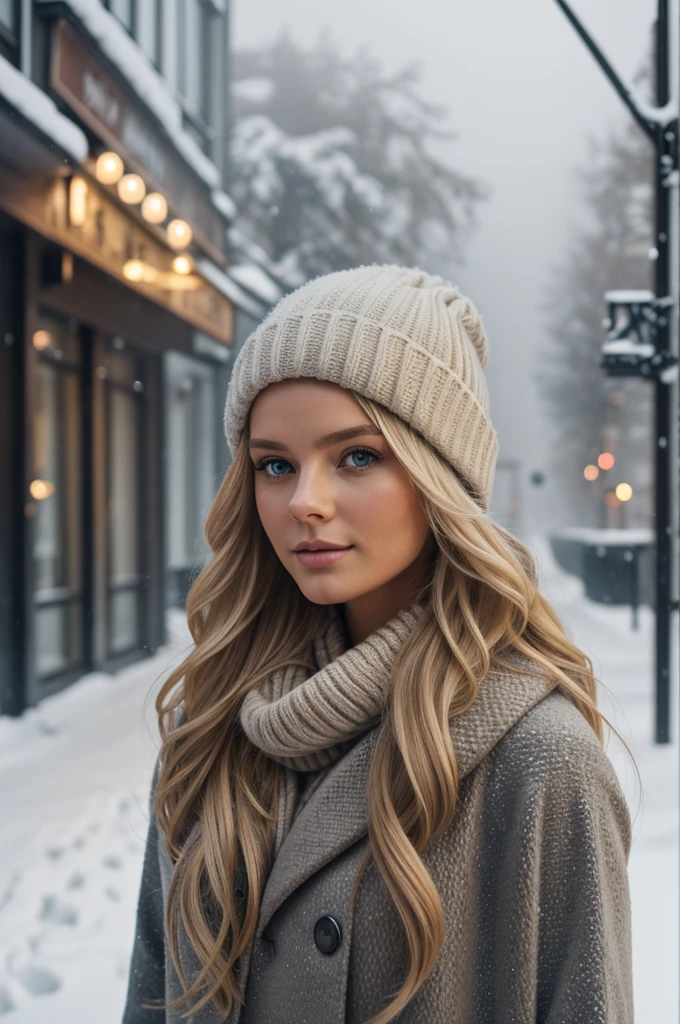 professional portrait photograph of a gorgeous Norwegian girl in winter clothing with long wavy blonde hair, sultry flirty look, gorgeous symmetrical face, cute natural makeup, wearing elegant warm winter fashion clothing, ((standing outside in snowy city street)), stunning modern urban environment, ultra realistic, concept art, elegant, highly detailed, intricate, sharp focus, depth of field, f/1. 8, 85mm, medium shot, mid shot, (((professionally color graded))), bright soft diffused light, (volumetric fog), trending on instagram, hdr 4k, 8k