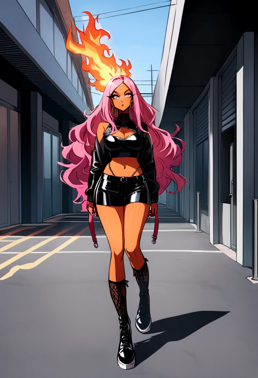 europian solo woman with pink hair and a black leather top is walking in a parking lot, she has long redorange hair, her hair is on fire, nicki minaj curvy, orange skin and long fiery hair, cardi b, she has long pink brown hair, doja cat, tinyest midriff ever, she has pink hair, cool looking, long pink hair