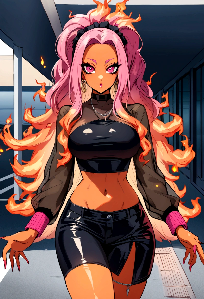 europian solo woman with pink hair and a black leather top is walking in a parking lot, she has long redorange hair, her hair is on fire, nicki minaj curvy, orange skin and long fiery hair, cardi b, she has long pink brown hair, doja cat, tinyest midriff ever, she has pink hair, cool looking, long pink hair
