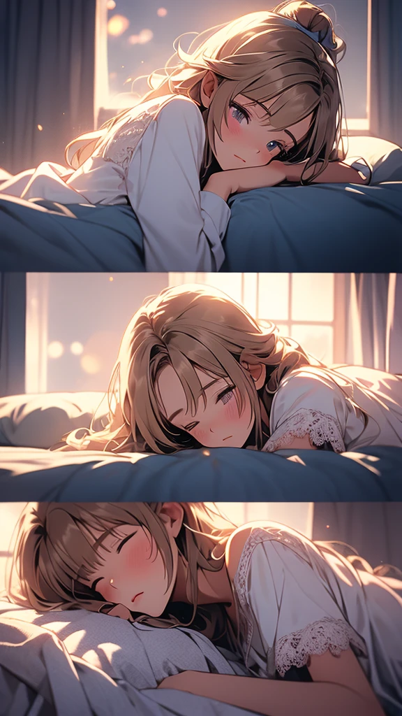 kei Karuizawa, blonde, long ponytail, violet eyes, bangs, wavy hair wearing a light, white transparant lace nightgown with a blue bow in the center. sleeping in bed, The girl should have a thoughtful expression, blush on her cheeks, lie down on the bed with a serene atmosphere. Include delicate details like lace and soft shadows to enhance the overall gentle and dreamy ambiance