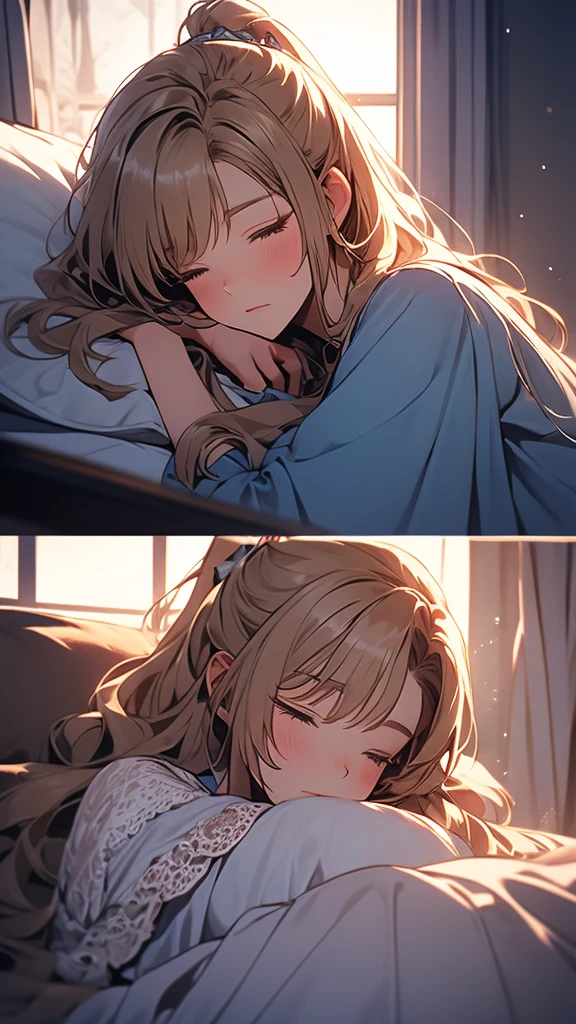kei Karuizawa, blonde, long ponytail, violet eyes, bangs, wavy hair wearing a light, white transparant lace nightgown with a blue bow in the center. sleeping in bed, The girl should have a thoughtful expression, blush on her cheeks, lie down on the bed with a serene atmosphere. Include delicate details like lace and soft shadows to enhance the overall gentle and dreamy ambiance