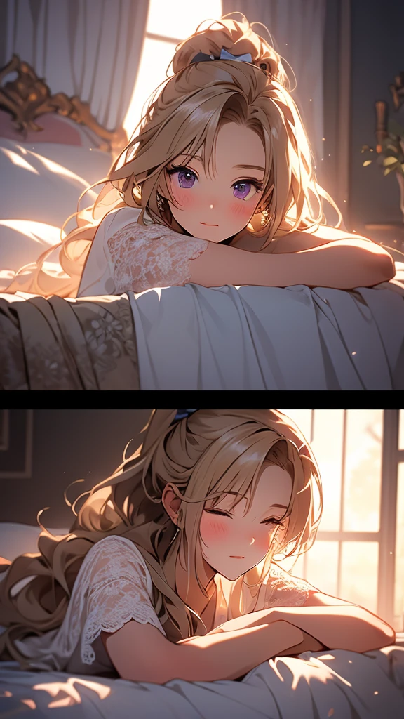 kei Karuizawa, blonde, long ponytail, violet eyes, bangs, wavy hair wearing a light, white transparant lace nightgown with a blue bow in the center. sleeping in bed, The girl should have a thoughtful expression, blush on her cheeks, lie down on the bed with a serene atmosphere. Include delicate details like lace and soft shadows to enhance the overall gentle and dreamy ambiance