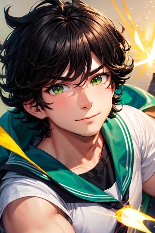 30 year old boy with short black curly hair and green eyes, fatter, with school clothes and earthly powers