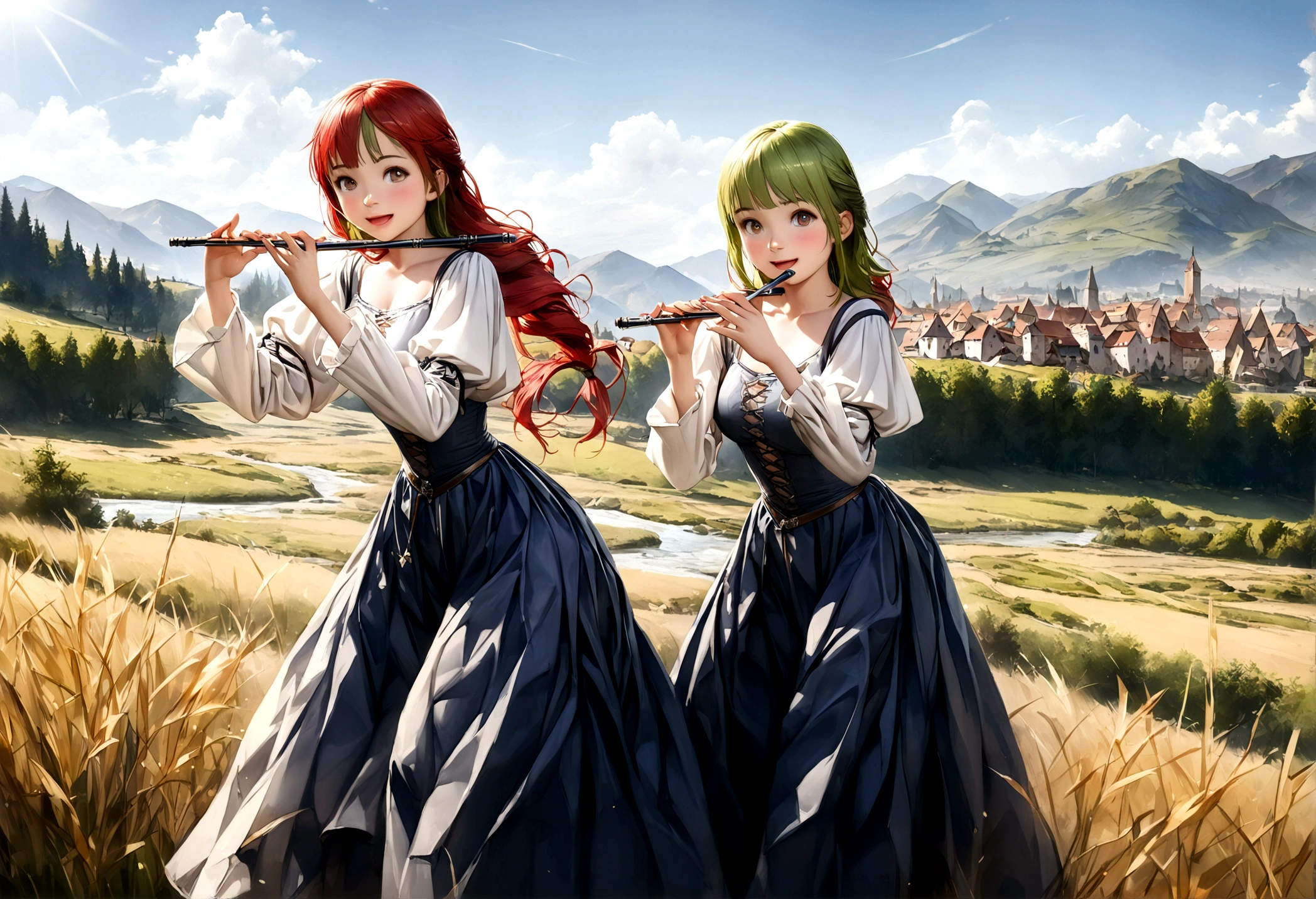 (((Top quality, 4k, 8k, high resolution, masterpiece: 1.2))), (super detailed), (realistic), (photorealistic), (photorealistic: 1.37), (HDR, UHD), (studio (lighting)), ultra-fine drawing, sharp focus, physically based rendering, highly detailed, professional, vibrant colors, perfect ditaile hand, highly detailed realistic eyes, girl, one girl, multiple girls, A lot of girls, smile, open mouth, close mouth, short hair, medium hair, medium length, long hair, ponytail, red hair, blue hair, blonde hair, green hair, pink hair, medieval European clothing, Citizen's Clothing from Medieval Europe, miniskirt, mid-length skirt, long skirt, chinos pants, (((playing the flute))), (((playing the drums))), Medieval European town, Countryside, Medieval European rural village, Rural grassland, Mountain view, Rural river, Irrigation canal, anime, cartoon, kawaii, qute, (((Long shot, Panorama, Distant view, Vast landscape))), knees, feet, looking at viewer,