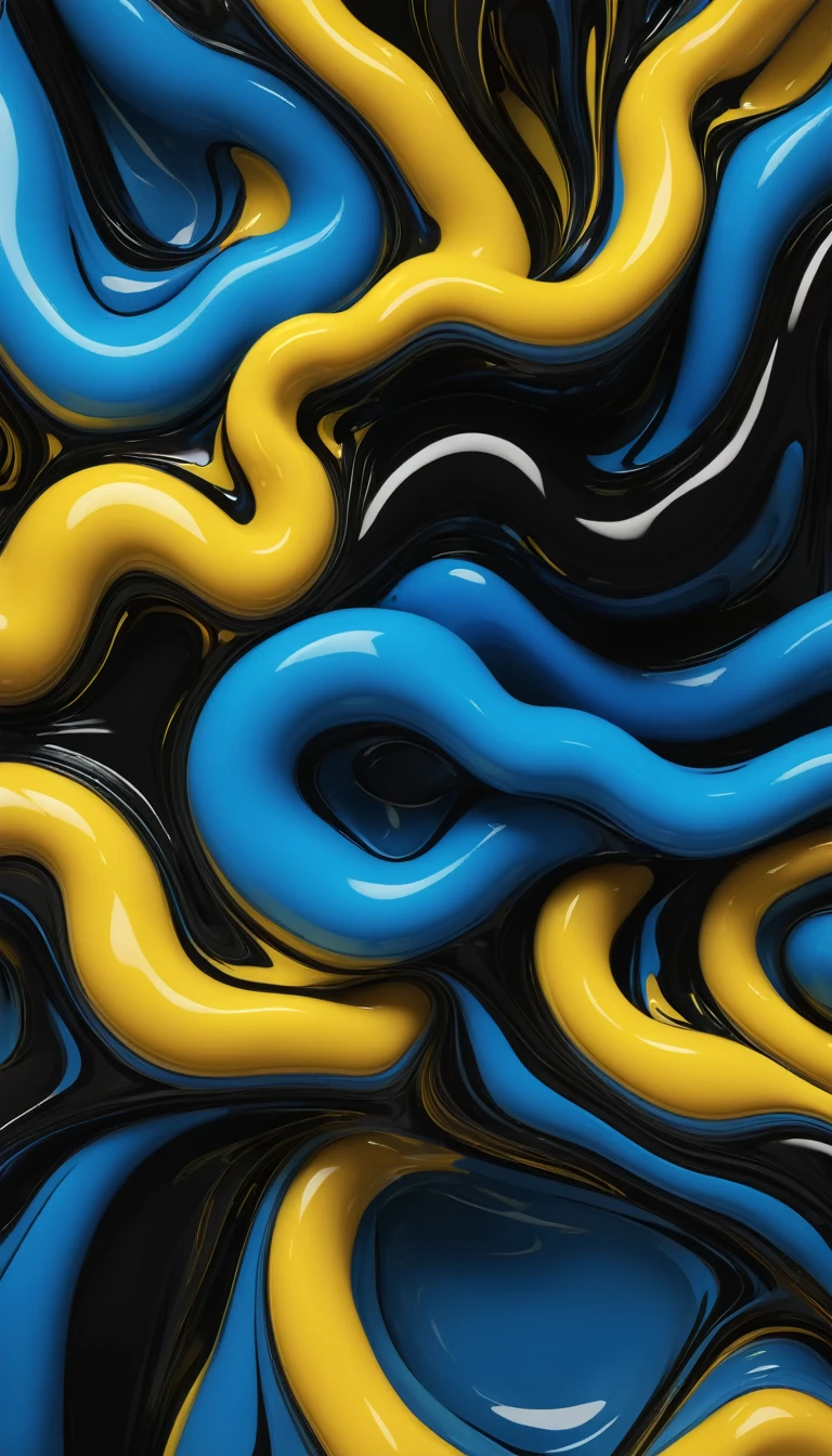 create background of thick intertwined blue liquids, yellow and black