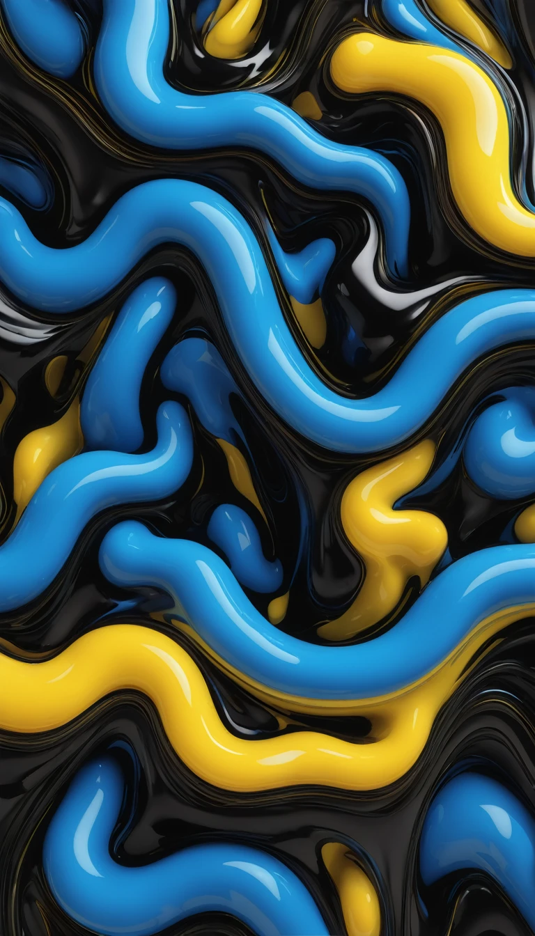 create background of thick intertwined blue liquids, yellow and black