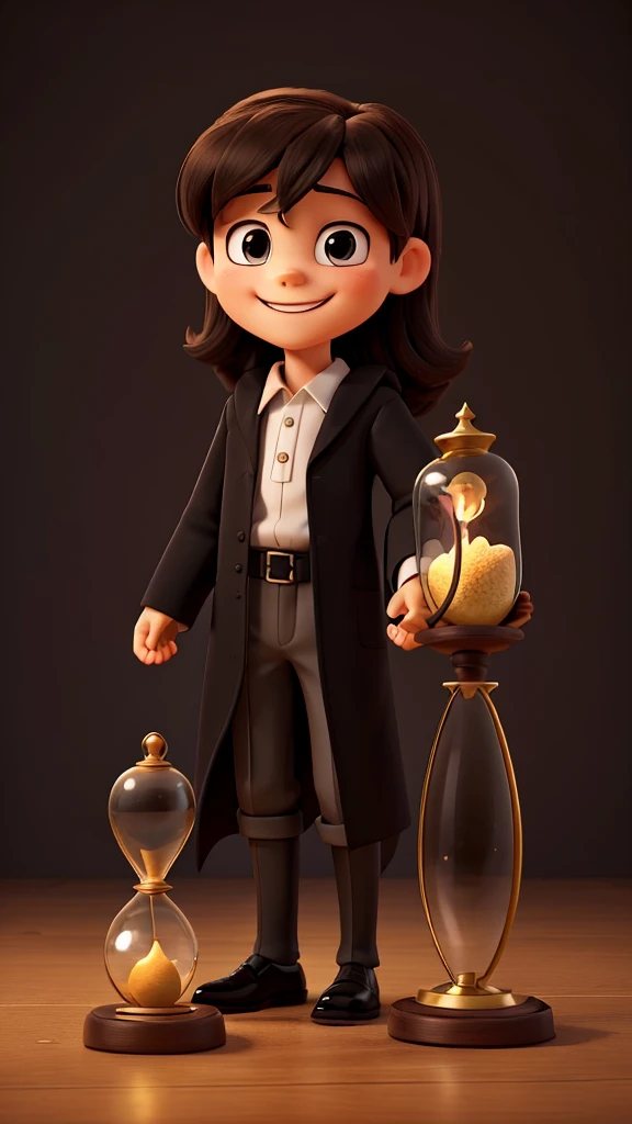 create a logo 10 year old Jesus smiling with an hourglass, black background, period clothes
