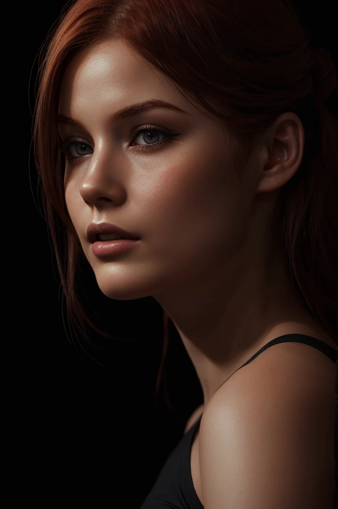 woman with medium-hair ,Auburn-red-hair, pale,soft body,eyeliner,portrait, beautiful woman, beautiful female ,beautiful ,eyeliner , elegant, digital painting, smooth, dramatic lighting, ultra realistic, 8k, art , blur backgrond, black background ,black background,black wallpaper