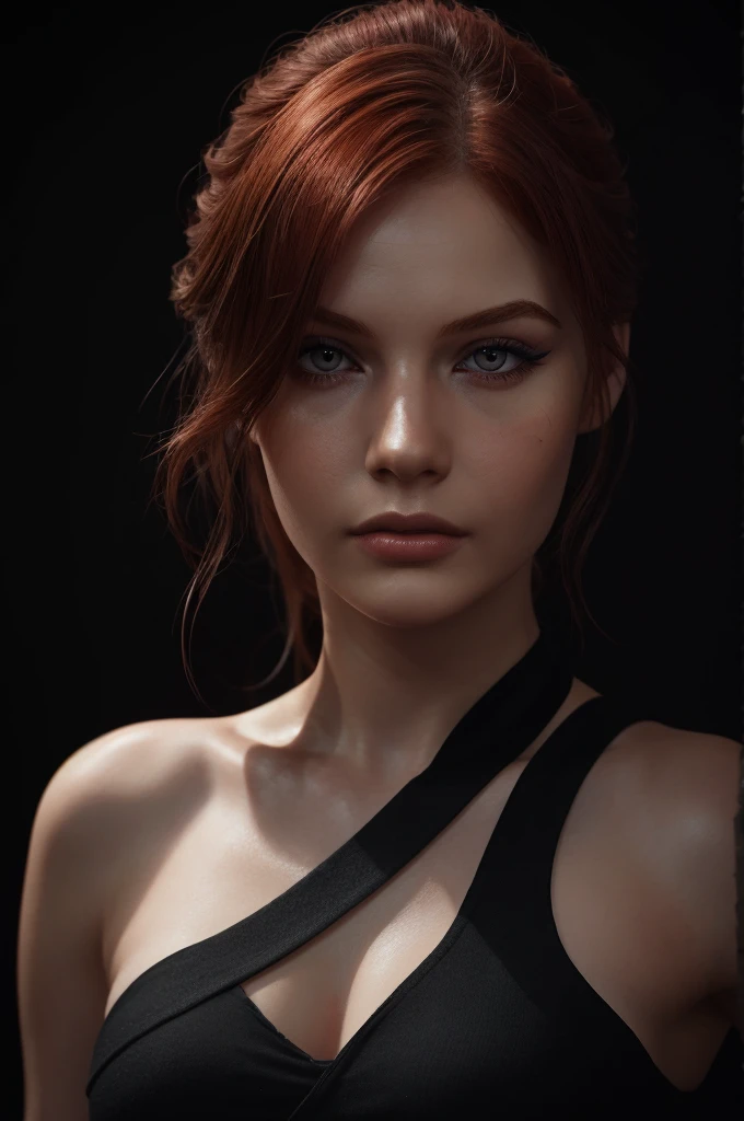 woman with medium-hair ,Auburn-red-hair, pale,soft body,eyeliner,portrait, beautiful woman, beautiful female ,beautiful ,eyeliner , elegant, digital painting, smooth, dramatic lighting, ultra realistic, 8k, art , blur backgrond, black background ,black background,black wallpaper