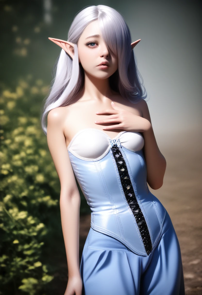 A detailed gnome girl with pale skin, short stature, and very long silver hair that curls at the ends, covering one eye, with small breasts, pouty lips, and bright blue anime-style eyes with long lashes, wearing a leather corset, white puffy-sleeved shirt, and poufy cloth pants tucked into boots, set in a windy fantasy landscape, (best quality,4k,8k,highres,masterpiece:1.2),ultra-detailed,(realistic,photorealistic,photo-realistic:1.37),dungeons and dragons,long elf ears,small girl,detailed skin and cloth textures,beautiful detailed face,intricate details,extremely detailed,1girl,dynamic pose with hair covering one eye,shy personality