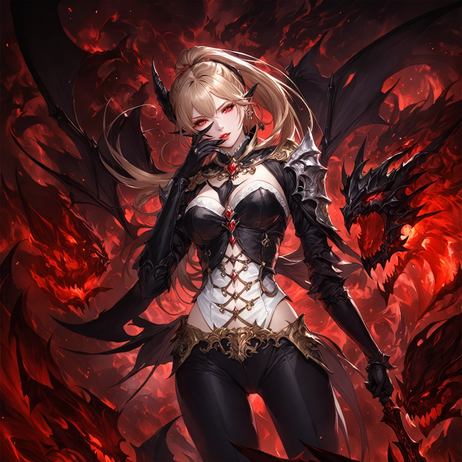 masterpiece, best quality, good quality, Fantasy aesthetics, Highly detailed, shadowverse style, female, demonic, elf ear