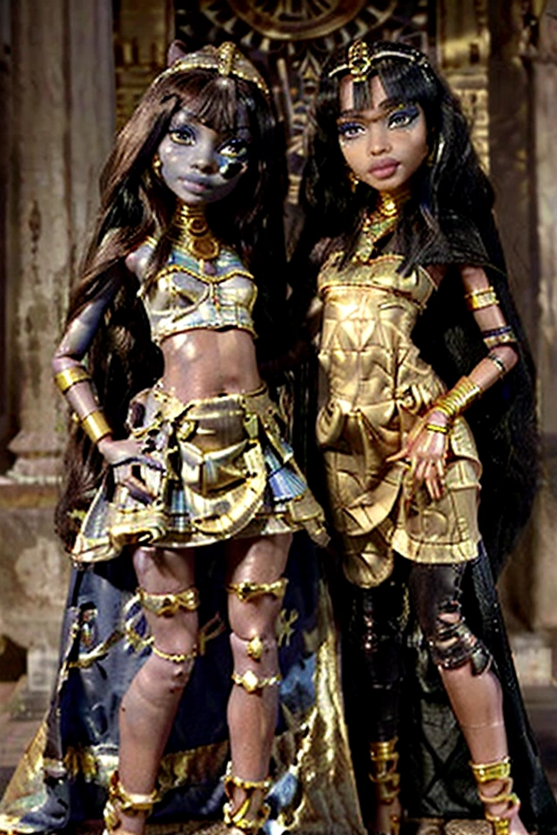half mummy who has long straight hair, of a dark tone and with golden accessories or Egyptian jewelry. Your eyes are big and penetrating, wrapped in blue makeup. Your skin is brown, and your features are delicately sculpted, giving it an appearance of ancient nobility. wearing luxurious and elegant clothes, inspired by ancient Egyptian fashion, complemented by accessories.
