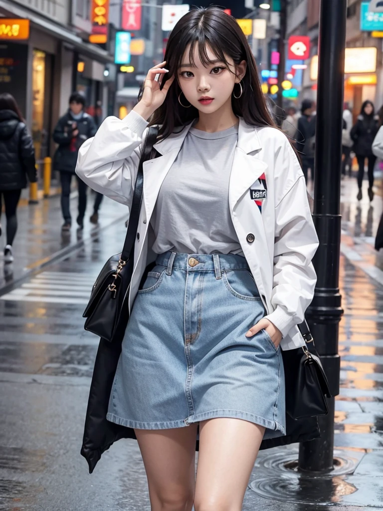 (Jennie Kim), the iconic BLACKPINK rapper and singer, com lábios carnudos, is in Seoul on a rainy day. Despite the downpour, she radiates confidence and style as she walks through the city&#39;s busy streets. Her black trench coat matches perfectly with her transparent umbrella., creating a sleek, modern silhouette. Her black hair is wet and stuck to her face, but this only serves to enhance your natural beauty. A faint smile plays on his lips, as she observes the world around her with an air of mystery. City lights flicker and reflect in puddles of water, creating a vibrant and lively urban setting. Foco nos lábios carnudos, foco no rosto, foco na roupa.