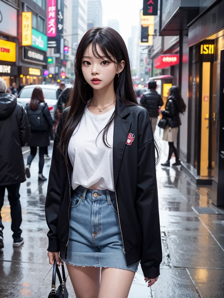 (Jennie Kim), the iconic BLACKPINK rapper and singer, com lábios carnudos, is in Seoul on a rainy day. Despite the downpour, she radiates confidence and style as she walks through the city&#39;s busy streets. Her black trench coat matches perfectly with her transparent umbrella., creating a sleek, modern silhouette. Her black hair is wet and stuck to her face, but this only serves to enhance your natural beauty. A faint smile plays on his lips, as she observes the world around her with an air of mystery. City lights flicker and reflect in puddles of water, creating a vibrant and lively urban setting. Foco nos lábios carnudos, foco no rosto, foco na roupa.