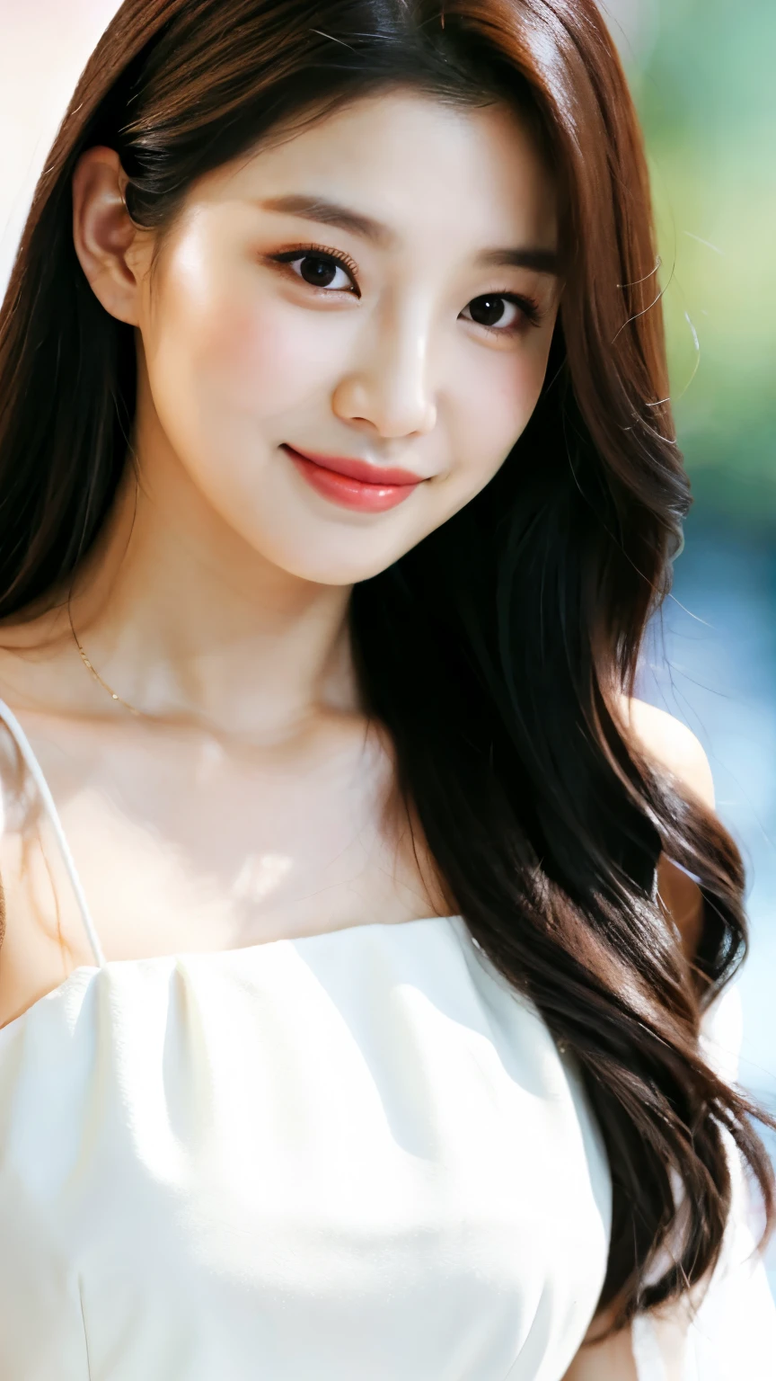 a close up of a woman with long hair wearing a white dress, popular south korean makeup, popular korean makeup, bae suzy, jaeyeon nam, lee ji-eun, lee ji - eun, park ji-min, female actress from korea, cute korean actress, portrait of female korean idol, portrait of jossi of blackpink, beautiful south korean woman