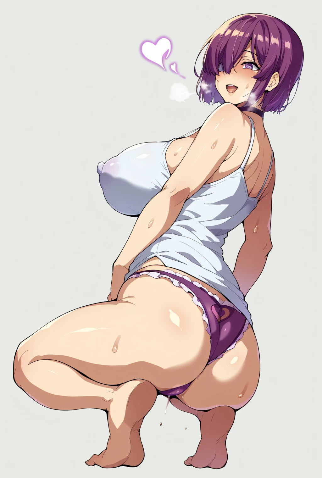 Angle from behind、turn around、smile、Mash Kyrielight、Ultra-detailed illustrations、Ultra-precise expression、masterpiece、Highest quality、ultra High resolution、High resolution、Hiromitsu Takeda Style、White background、Simple Background、whole body、One girl、soght purple hair、light purple hair、short hair、hair over one eyes、White camisole、White dress、Frills、Purple panties、Beaded Panties、Open your mouth、Erect nipples、Choker of Hearts、White Breath、Sweat、Glowing Skin、shiny skin、View your viewers、stand、barefoot、Butt、