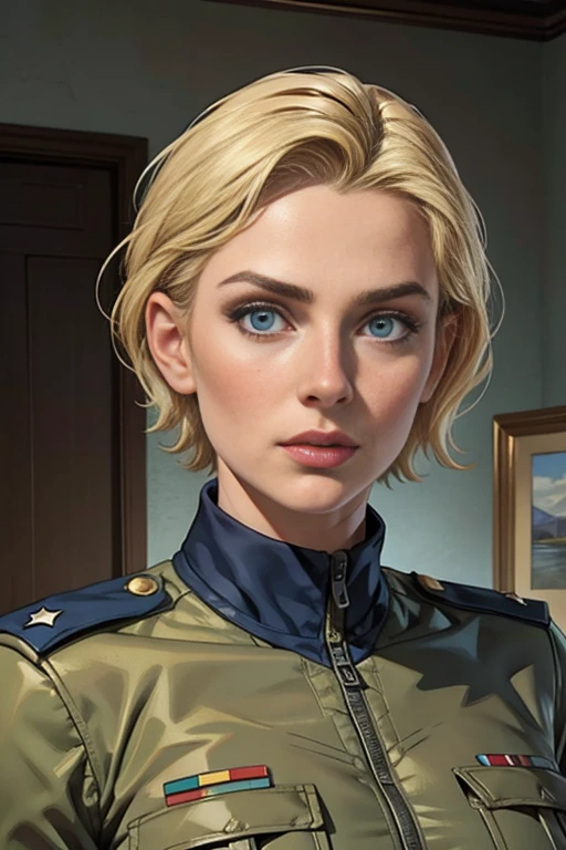(best qualityer), ((work of art)), 8k 25 years, female military,Blonde woman with short hair,blue colored eyes,Round face ,breasts big,wearing lieutenant colonel&#39;s uniform,american soldier,seducer, ear length hair (((upturned eyes))) Stately ((U.S. Army uniform )) slender construction, ((hairstyle with bangs)) (((Arthur Rackham watercolor sketch ))) muted palette, holding machine gun ,fully body, scene facing the viewer, war tank back 