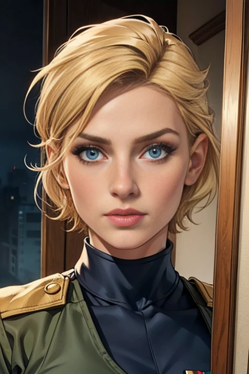(best qualityer), ((work of art)), 8k 25 years, female military,Blonde woman with short hair,blue colored eyes,Round face ,breasts big,wearing lieutenant colonel's uniform,american soldier,seducer, ear length hair (((upturned eyes))) Stately ((U.S. Army uniform )) slender construction, ((hairstyle with bangs)) (((Arthur Rackham watercolor sketch ))) muted palette, holding machine gun ,fully body, scene facing the viewer, war tank back