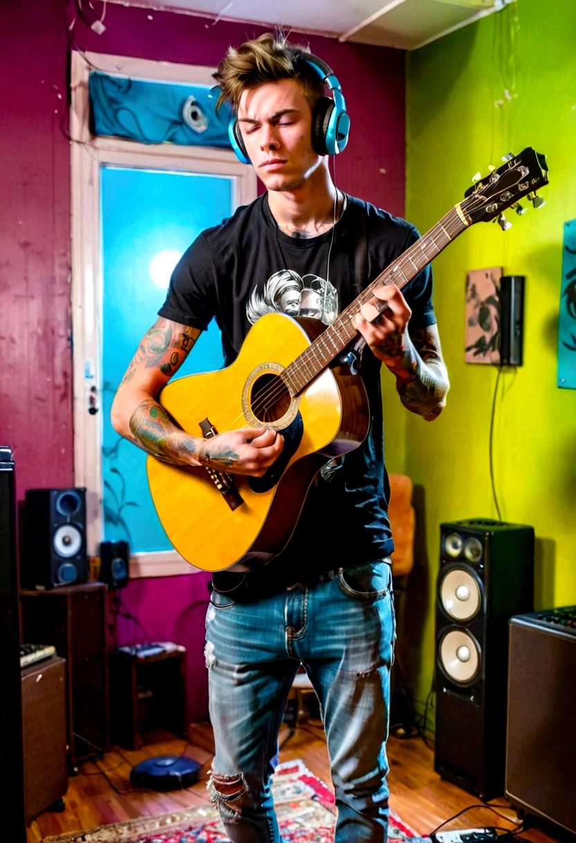 A young man is playing an acoustic guitar in a room that looks unkempt and messy, he wears big headphones in his ears, has short hair, ((big body, stocky, muscular)), and has tattoos on his arms.
